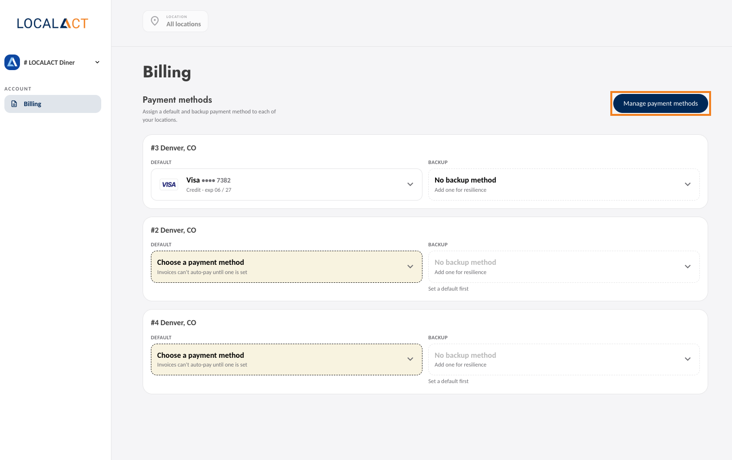 The Billing page listing each location with its Default and Backup payment method, with the Manage payment methods button highlighted