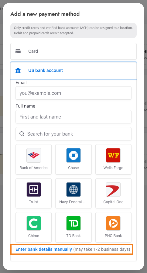 The US bank account option showing popular banks to sign in to and the Enter bank details manually link highlighted