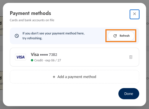 The Manage payment methods window listing a saved card, with the Refresh button highlighted