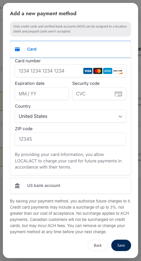 The Card form with card number, expiration date, security code, country and ZIP code fields