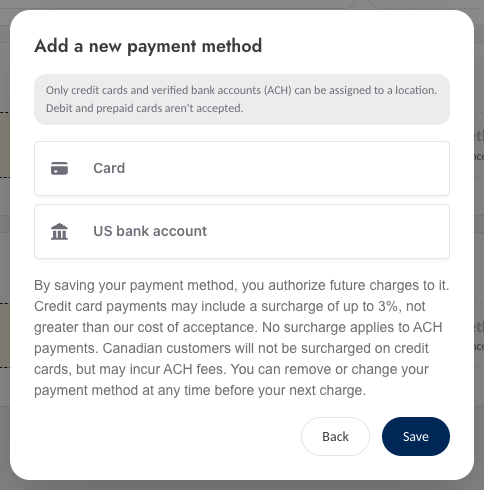 The Add a new payment method window with the Card and US bank account options and the surcharge disclosure
