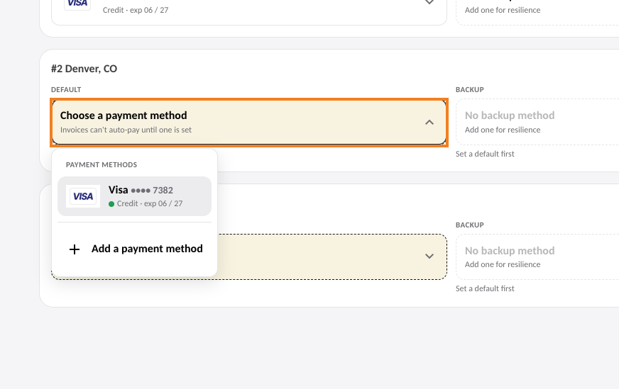 The Default field for a location opened to show the payment methods on file and the Add a payment method option